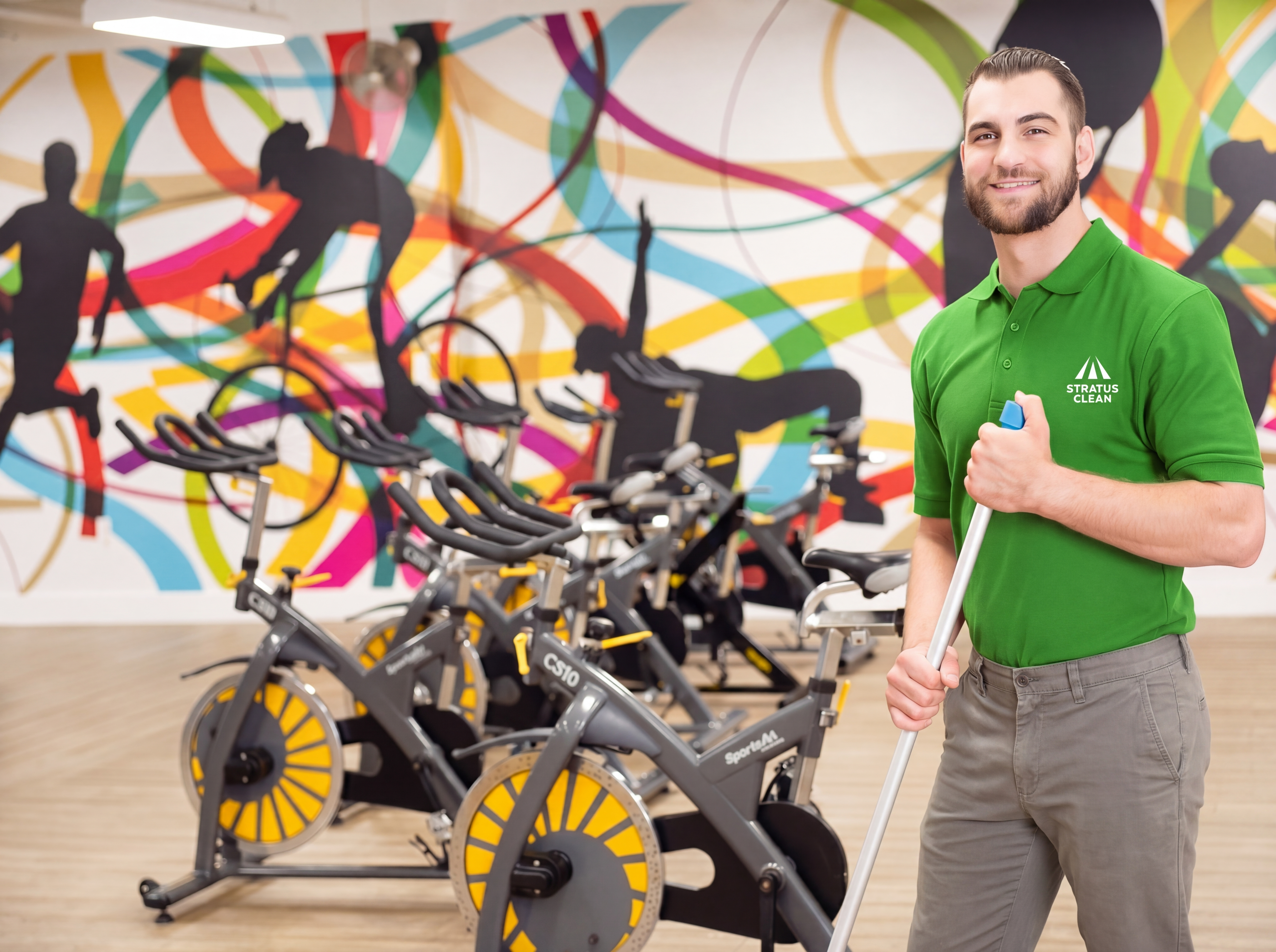Stratus Clean technician cleaning a fitness studio