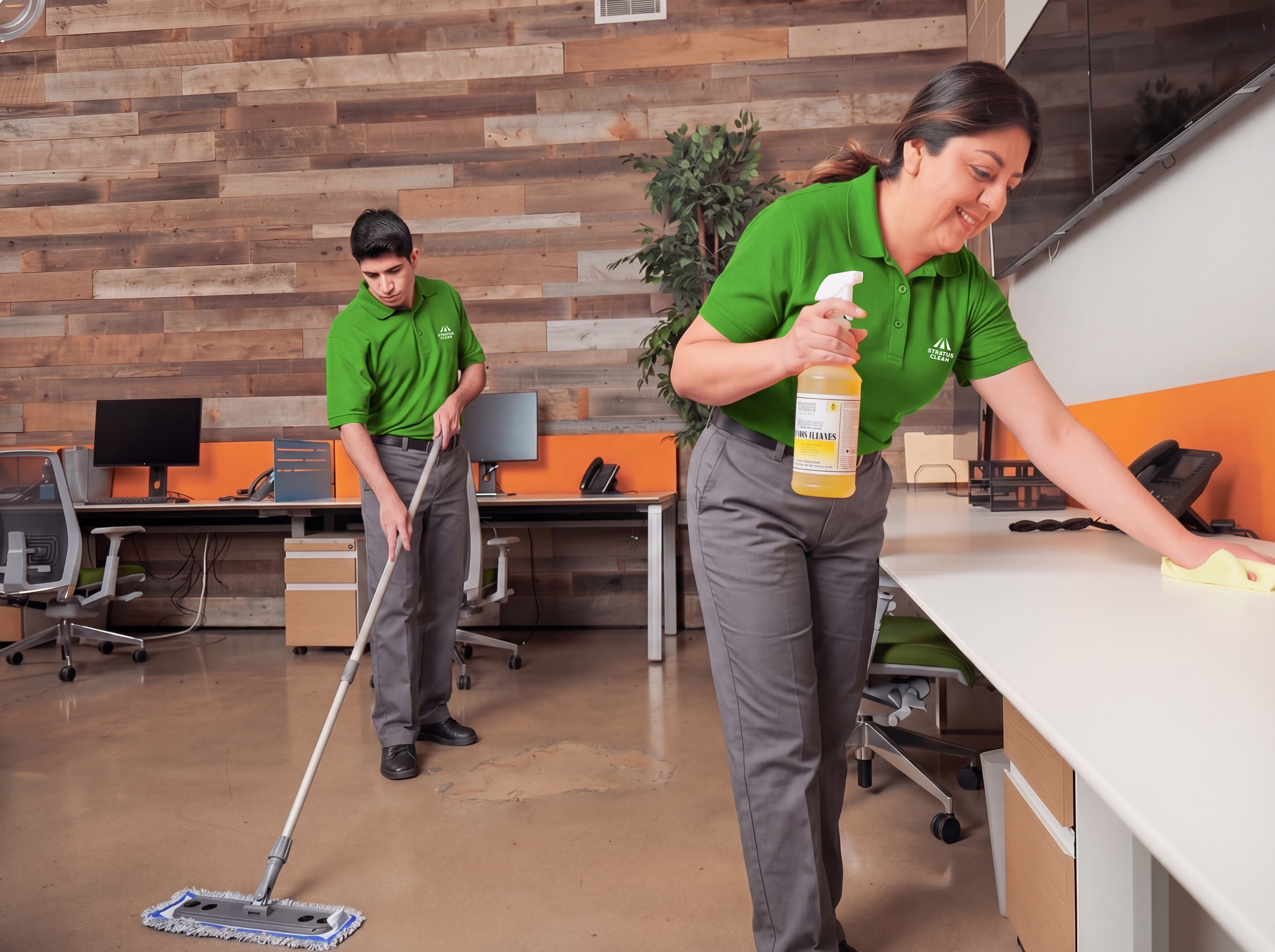 Stratus Clean team mopping a Hamilton office floor