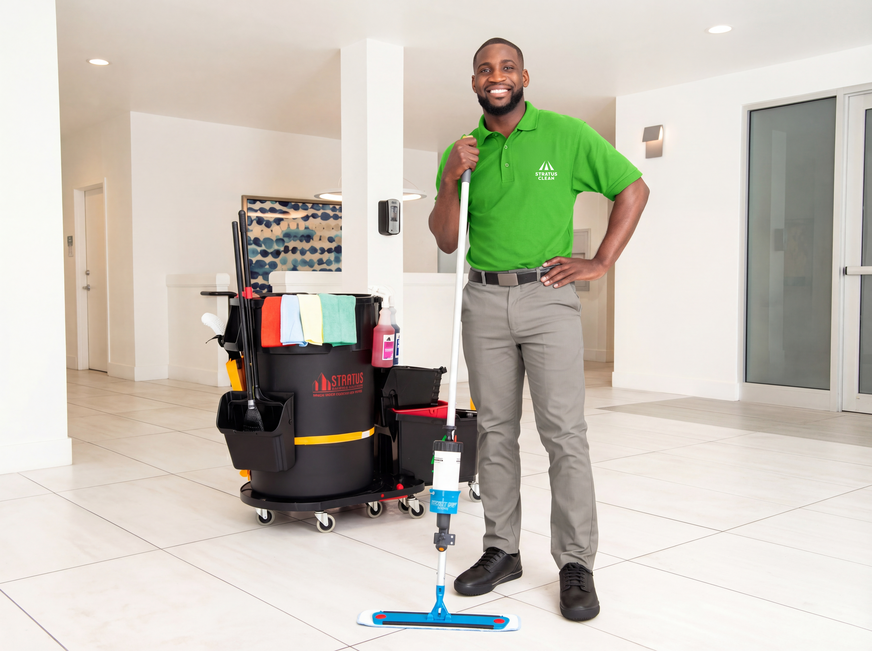 Stratus Clean technician with full cleaning cart in a commercial lobby