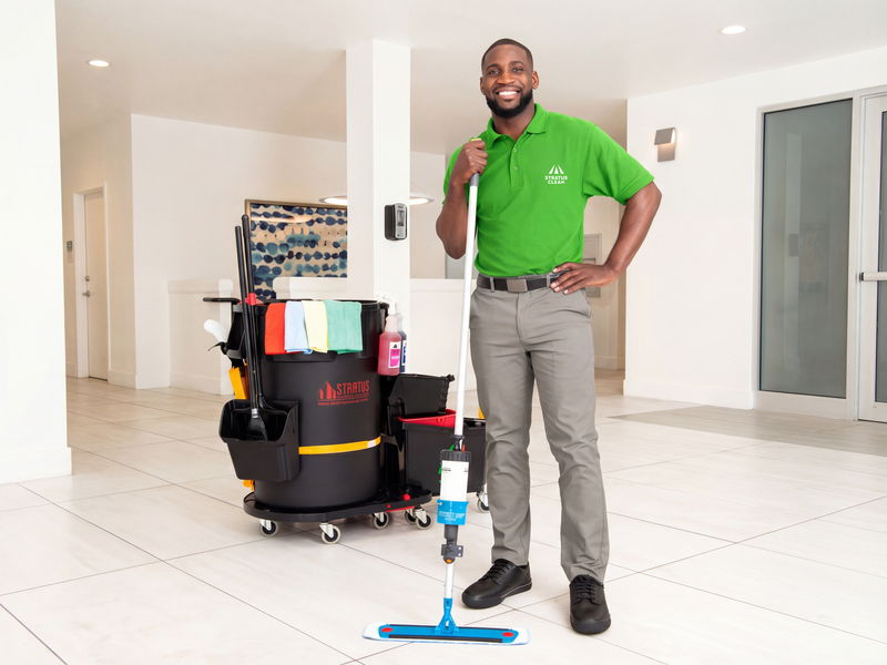 Stratus Clean technician with full cleaning cart in a commercial lobby